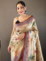 Captivating Beige & Brown Kalamkari Printed Silk Saree With Blouse