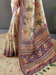 Captivating Beige & Brown Kalamkari Printed Silk Saree With Blouse