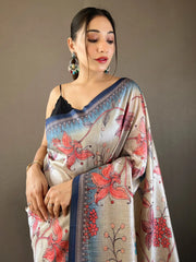 Gorgeous Cream & Blue Kalamkari Printed Silk Function Wear Saree