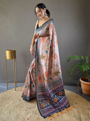 Enchanting Peach & Blue Kalamkari Printed Silk Traditional Saree