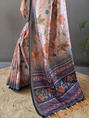 Enchanting Peach & Blue Kalamkari Printed Silk Traditional Saree