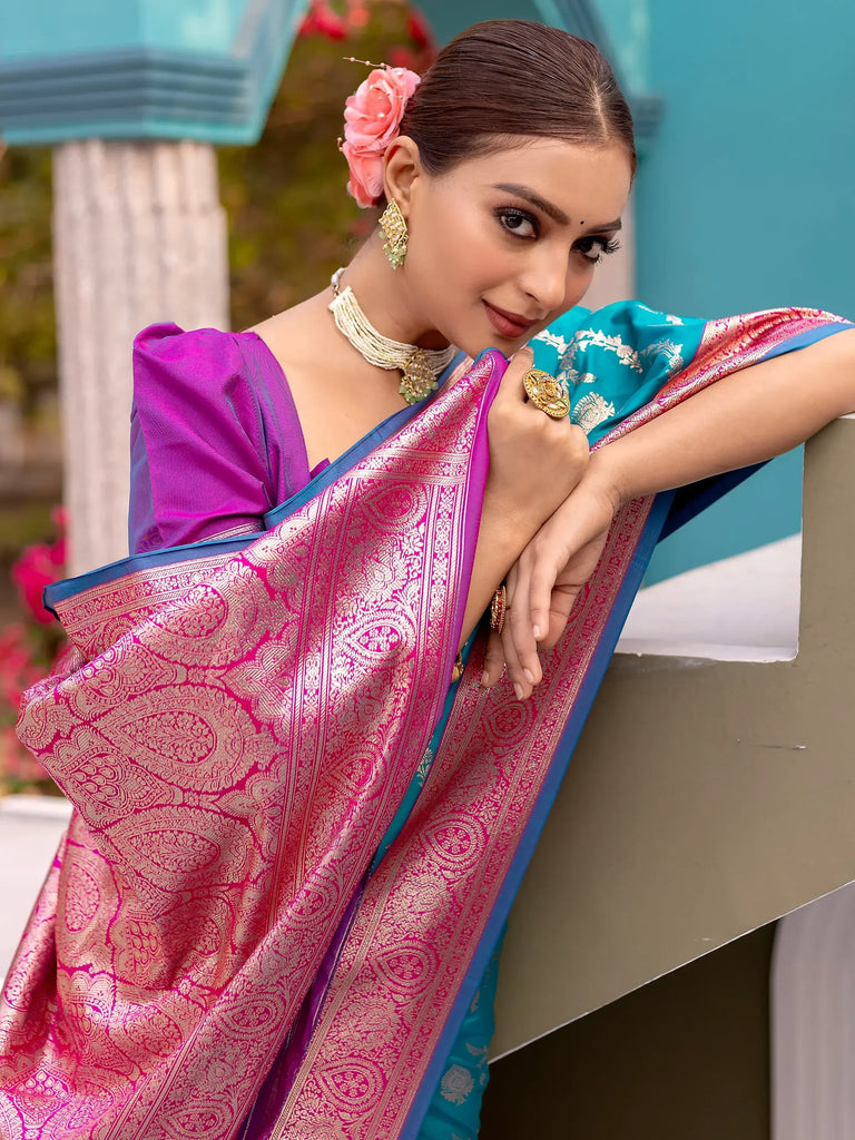 Spectacular Sky Blue Zari Weaving Banarasi Silk Traditional Saree