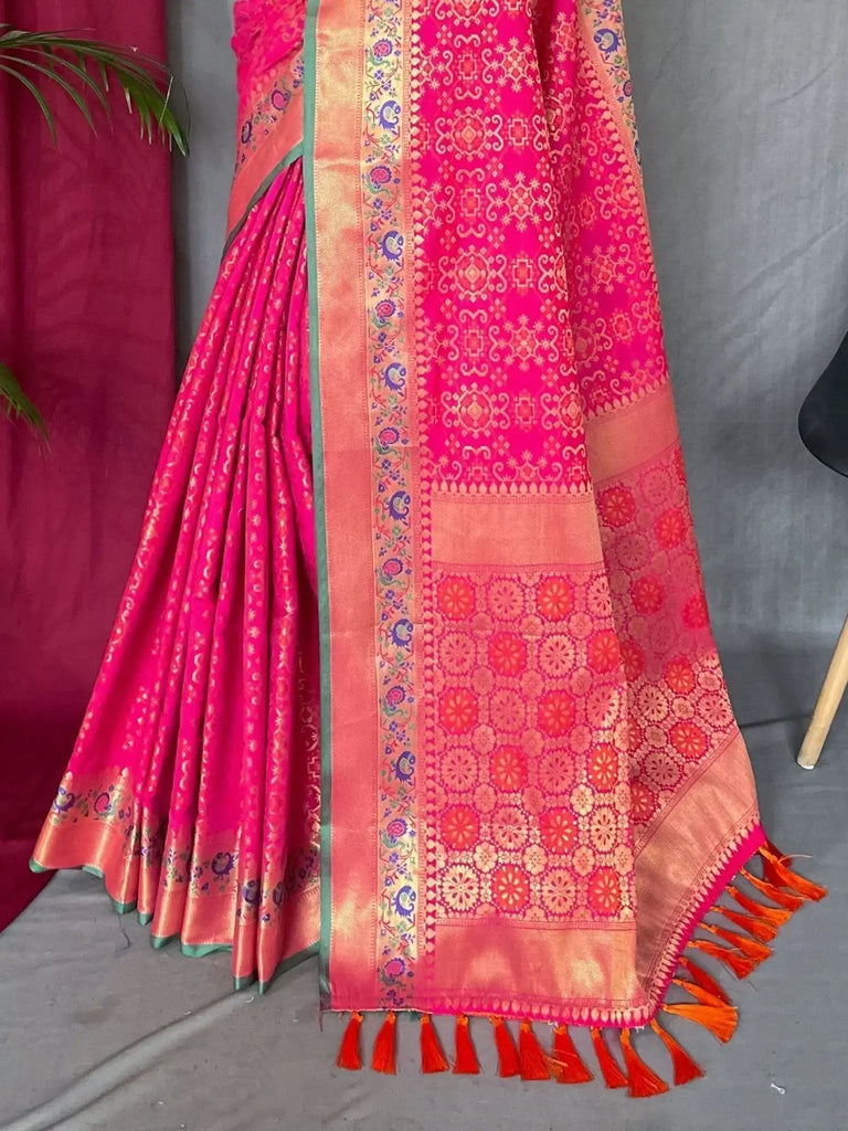 Stunning Rani Pink Patola Printed Silk Festival Wear Saree With Blouse