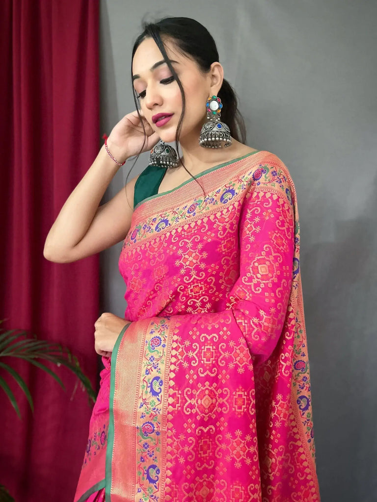 Stunning Rani Pink Patola Printed Silk Festival Wear Saree With Blouse