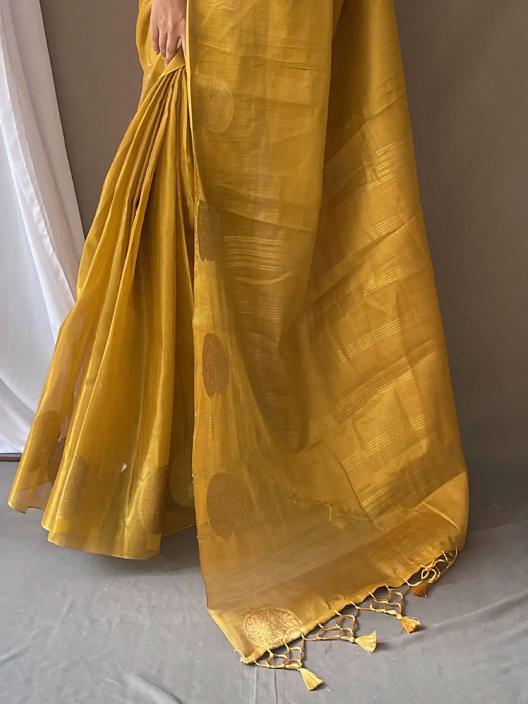 Beautiful Mustard Yellow Zari Weaving Tissue Silk Traditional Saree