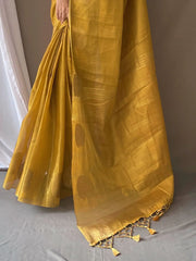 Beautiful Mustard Yellow Zari Weaving Tissue Silk Traditional Saree