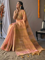 Enchanting Pink Zari Weaving Tissue Silk Function Wear Saree