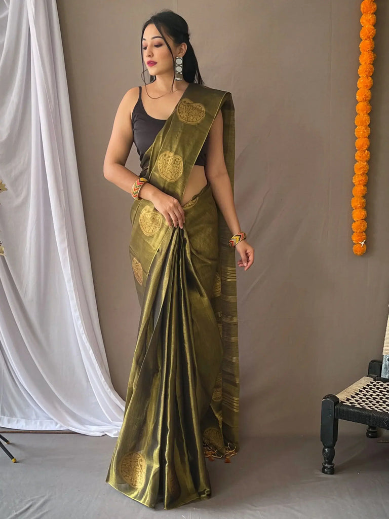 Fascinating Olive Green Zari Weaving Tissue Silk Saree With Blouse