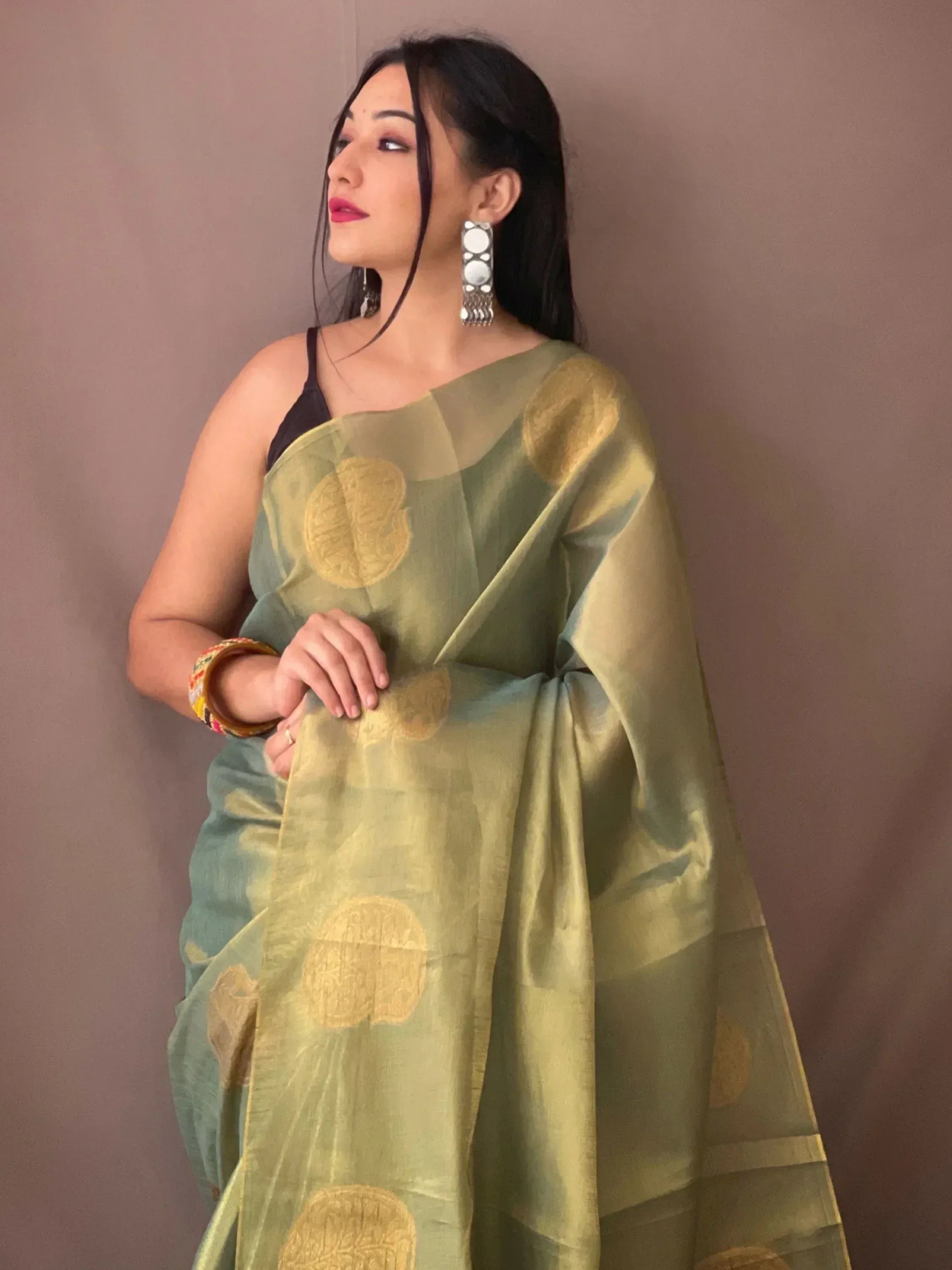 Woman in olive green saree with gold circular motifs, ethnic Indian wear