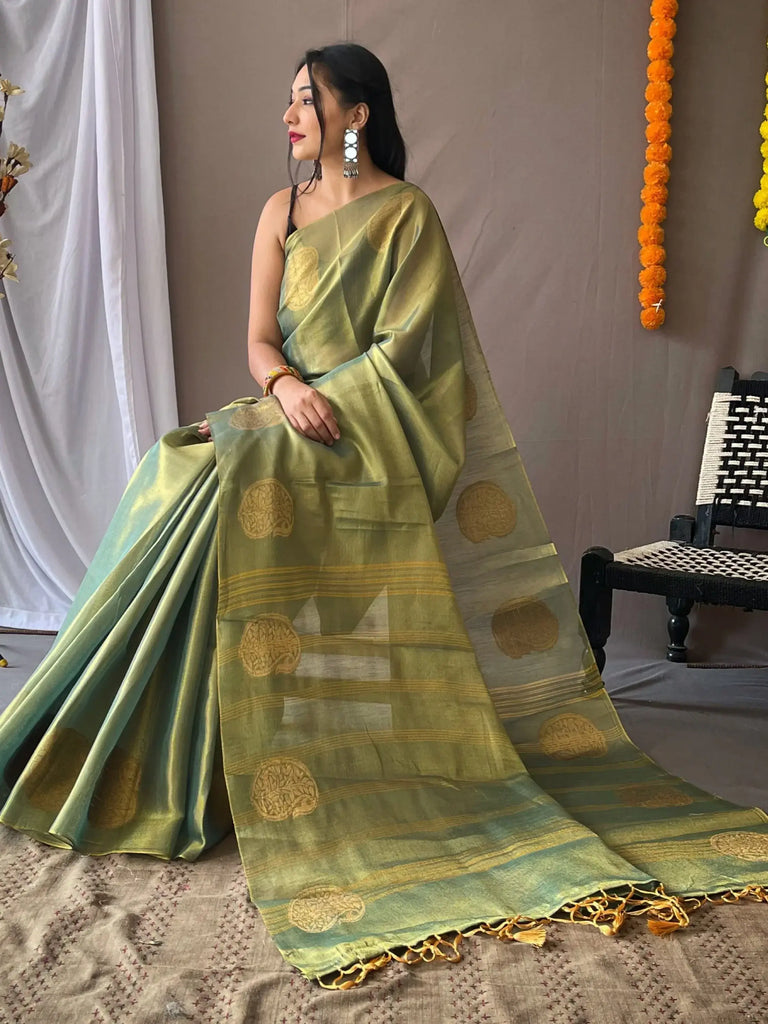 Charming Green Zari Weaving Tissue Silk Function Wear Saree