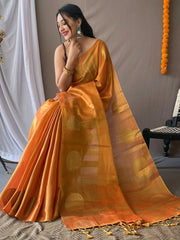 Attractive Orange Zari Weaving Tissue Silk Saree With Blouse