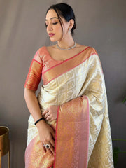 Glamorous Off-White Zari Weaving Silk Festival Wear Saree With Blouse