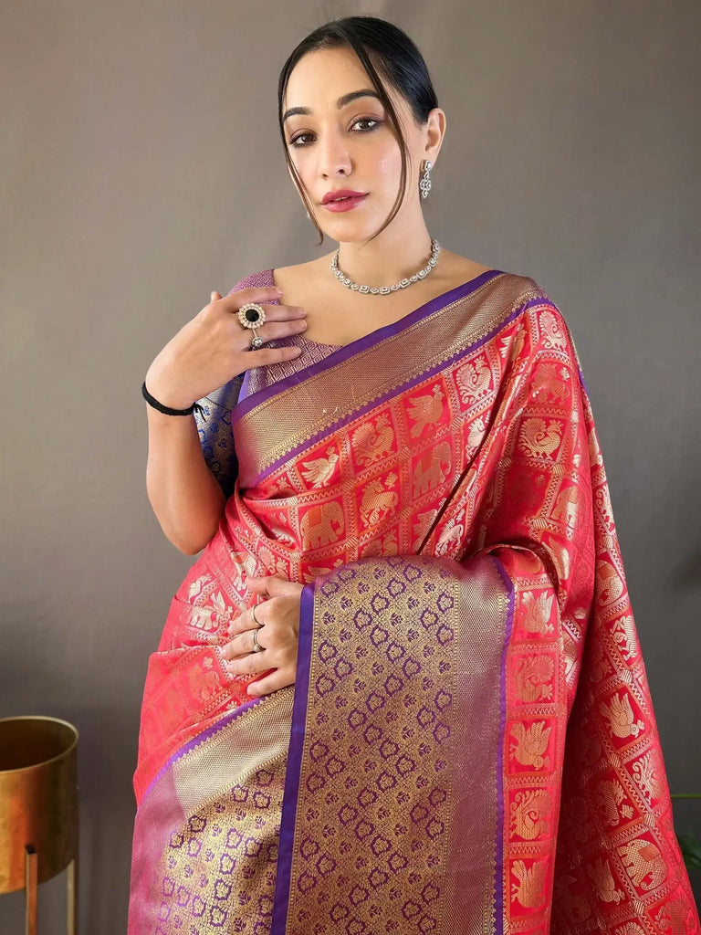 Captivating Coral Red Zari Weaving Silk Wedding Saree With Blouse