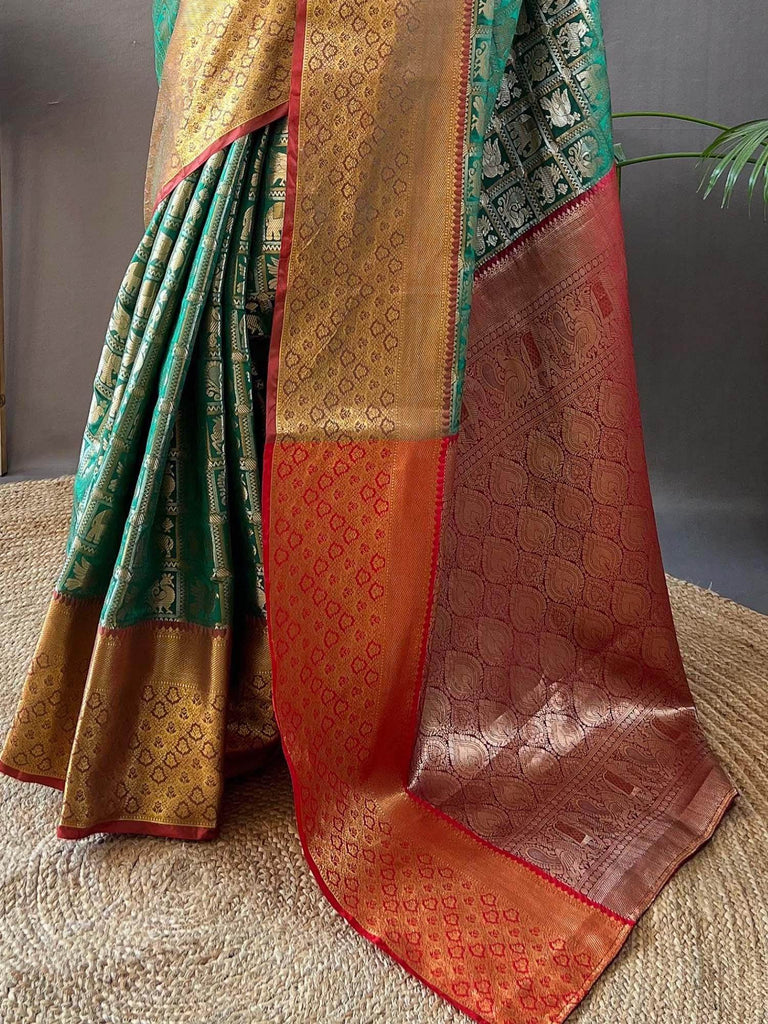 Mesmerizing Green Zari Weaving Silk Traditional Saree With Blouse
