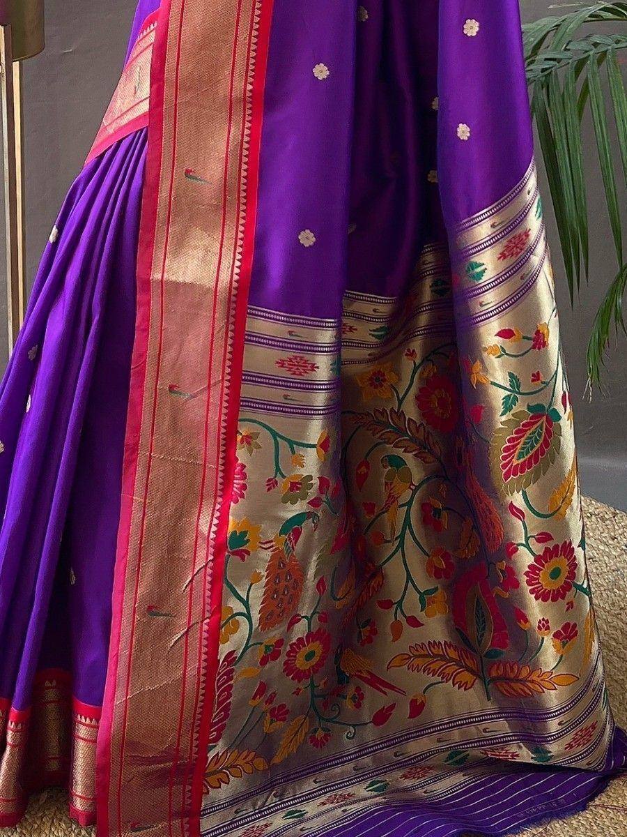 Purple silk saree with floral peacock border, Indian ethnic wear for women
