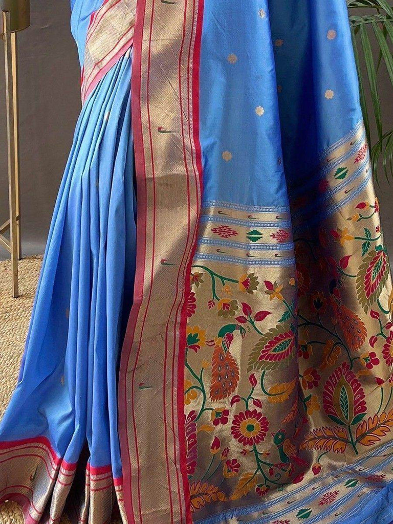 Outstanding Sky Blue Zari Weaving Paithani Silk Reception Wear Saree