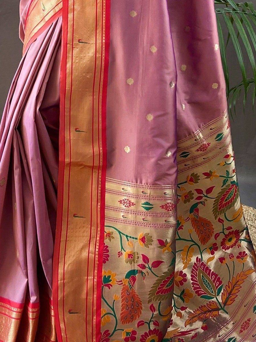 Pink silk saree with gold peacock and floral border, ethnic Indian wear