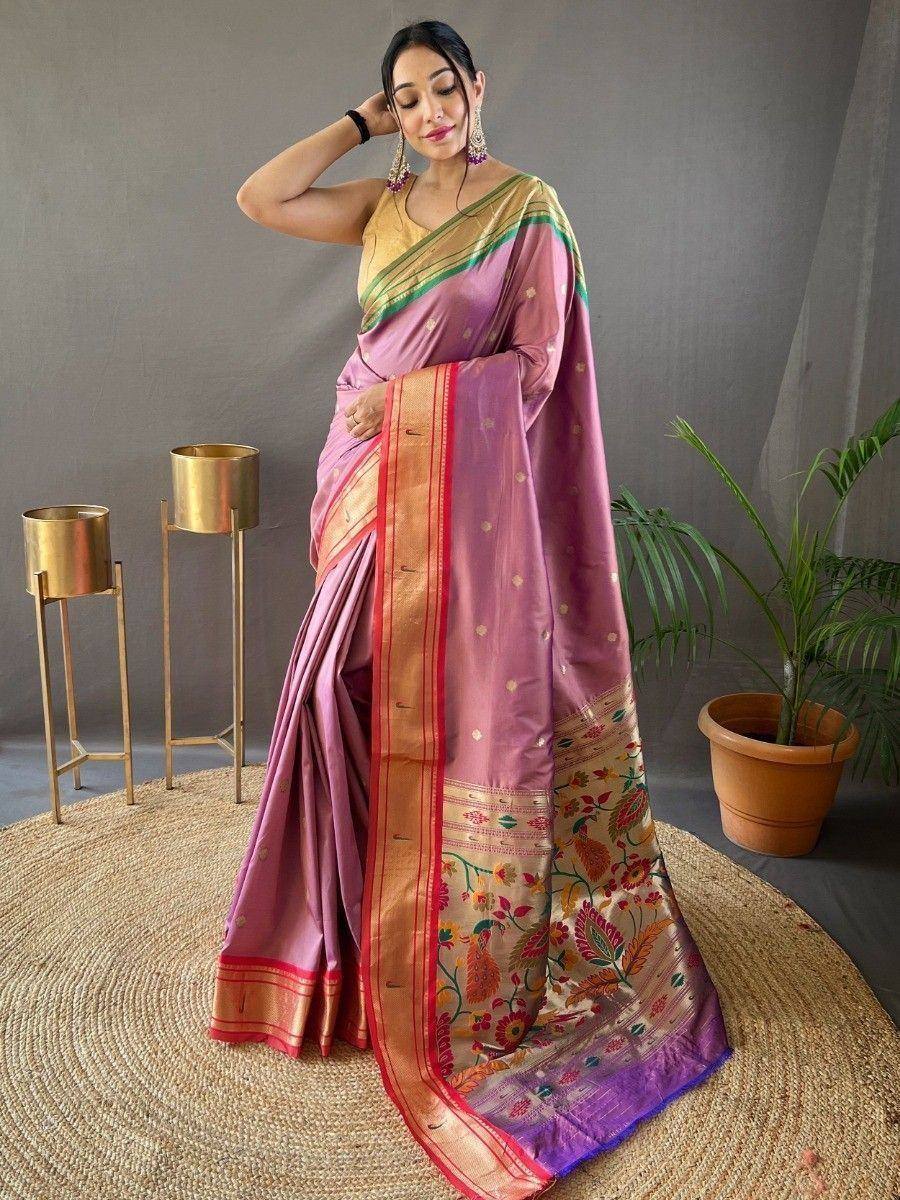 Elegant purple silk saree with floral border and gold zari, paired with yellow blouse for Indian ethnic wear