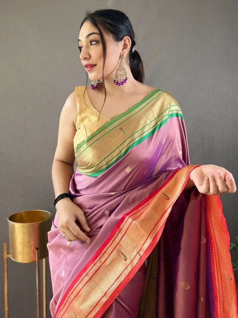 Fantastic Dusty Pink Zari Woven Paithani Silk Festival Wear Saree