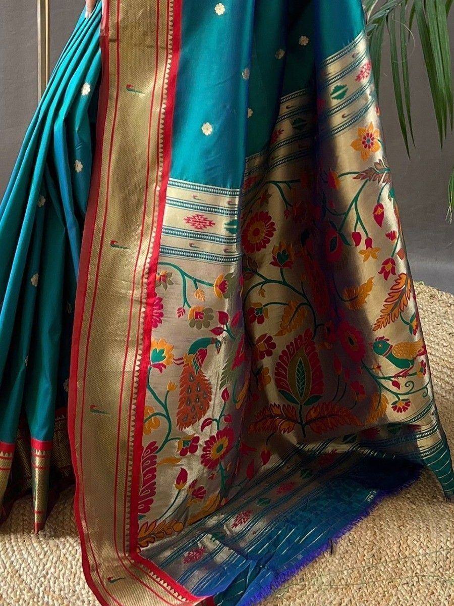 Teal silk saree with gold border, floral peacock print, perfect for Indian ethnic wear occasions