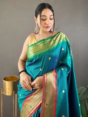 Marvelous Teal Blue Zari Weaving Paithani Silk Traditional Saree