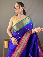 Gorgeous Blue Zari Weaving Paithani Silk Wedding Saree With Blouse