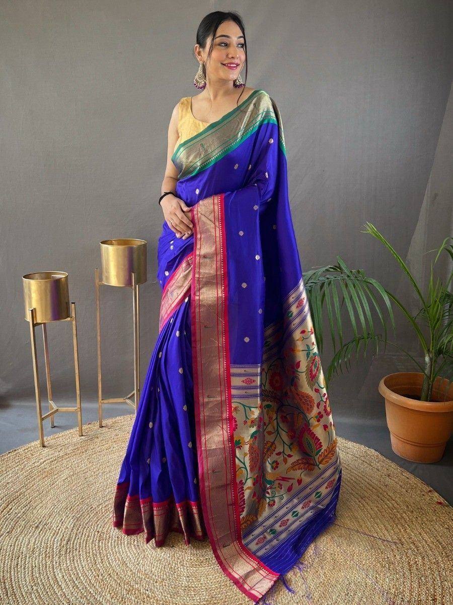 Royal blue silk saree with floral border, gold blouse, ethnic Indian wear for women