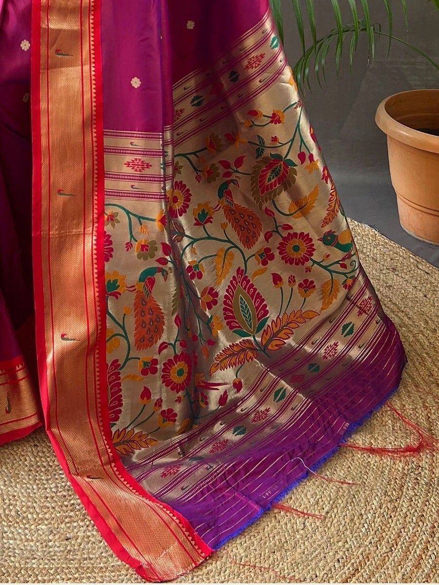 Purple and gold ethnic saree with peacock and floral embroidery, perfect for Indian occasions