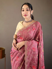 Mesmerizing Dusty Pink Embroidered Tussar Silk Festival Wear Saree