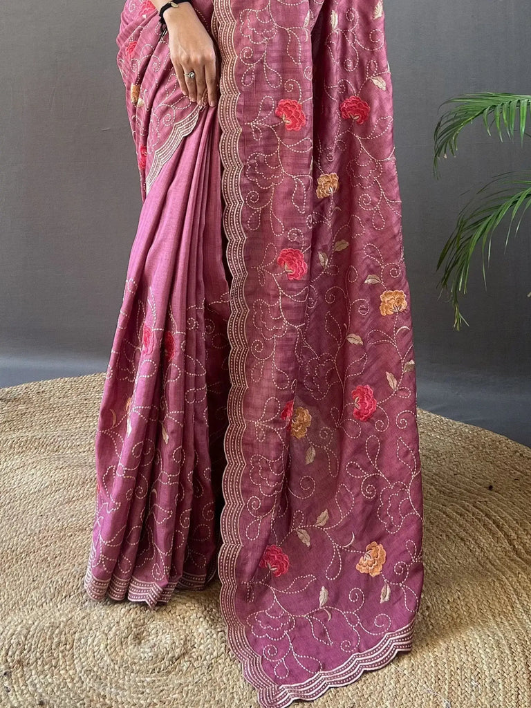 Mesmerizing Dusty Pink Embroidered Tussar Silk Festival Wear Saree
