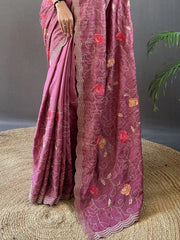 Mesmerizing Dusty Pink Embroidered Tussar Silk Festival Wear Saree