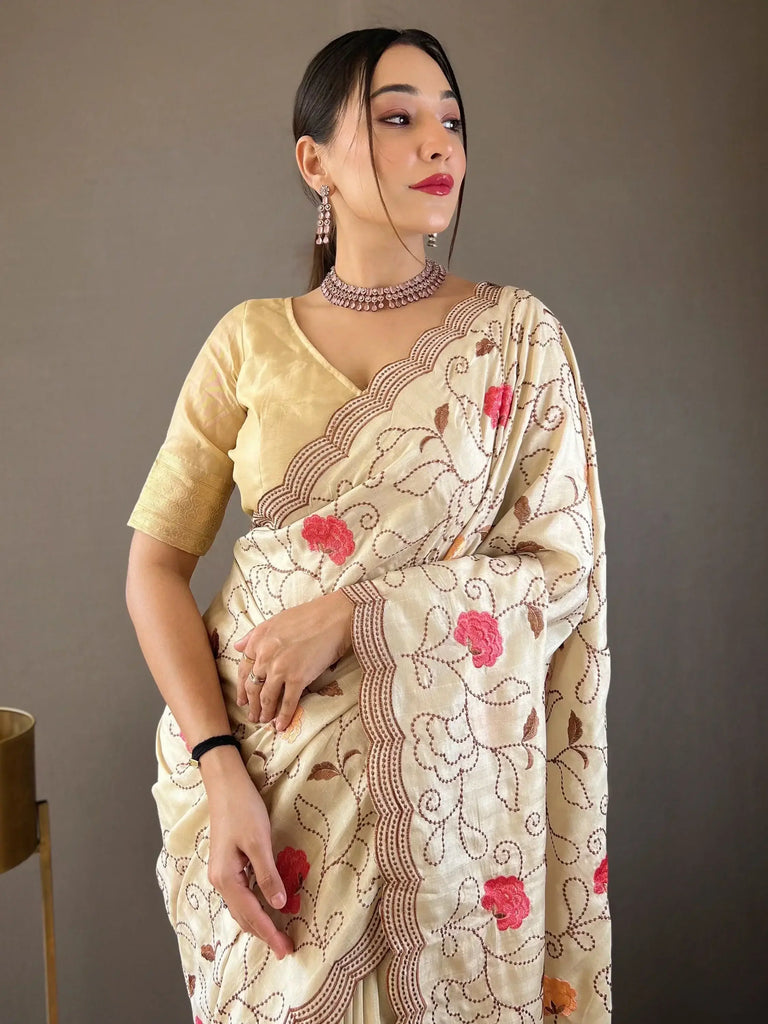 Enchanting Cream Embroidered Tussar Silk Event Wear Saree With Blouse