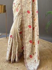 Enchanting Cream Embroidered Tussar Silk Event Wear Saree With Blouse