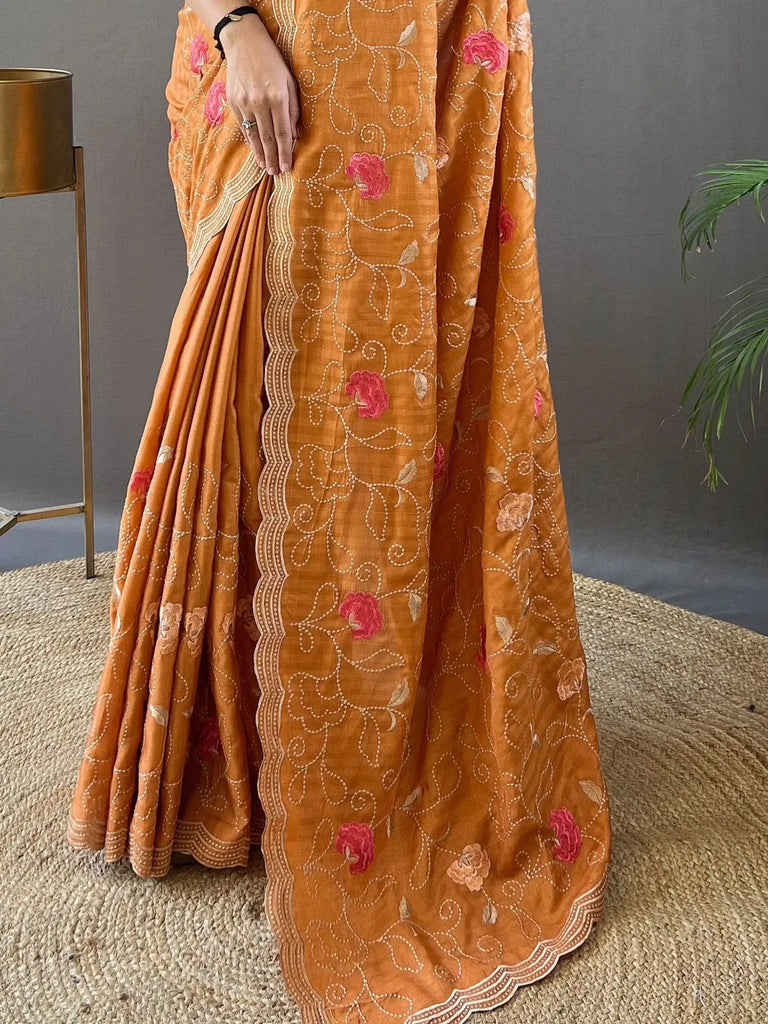 Gorgeous Orange Embroidered Tussar Silk Traditional Saree With Blouse