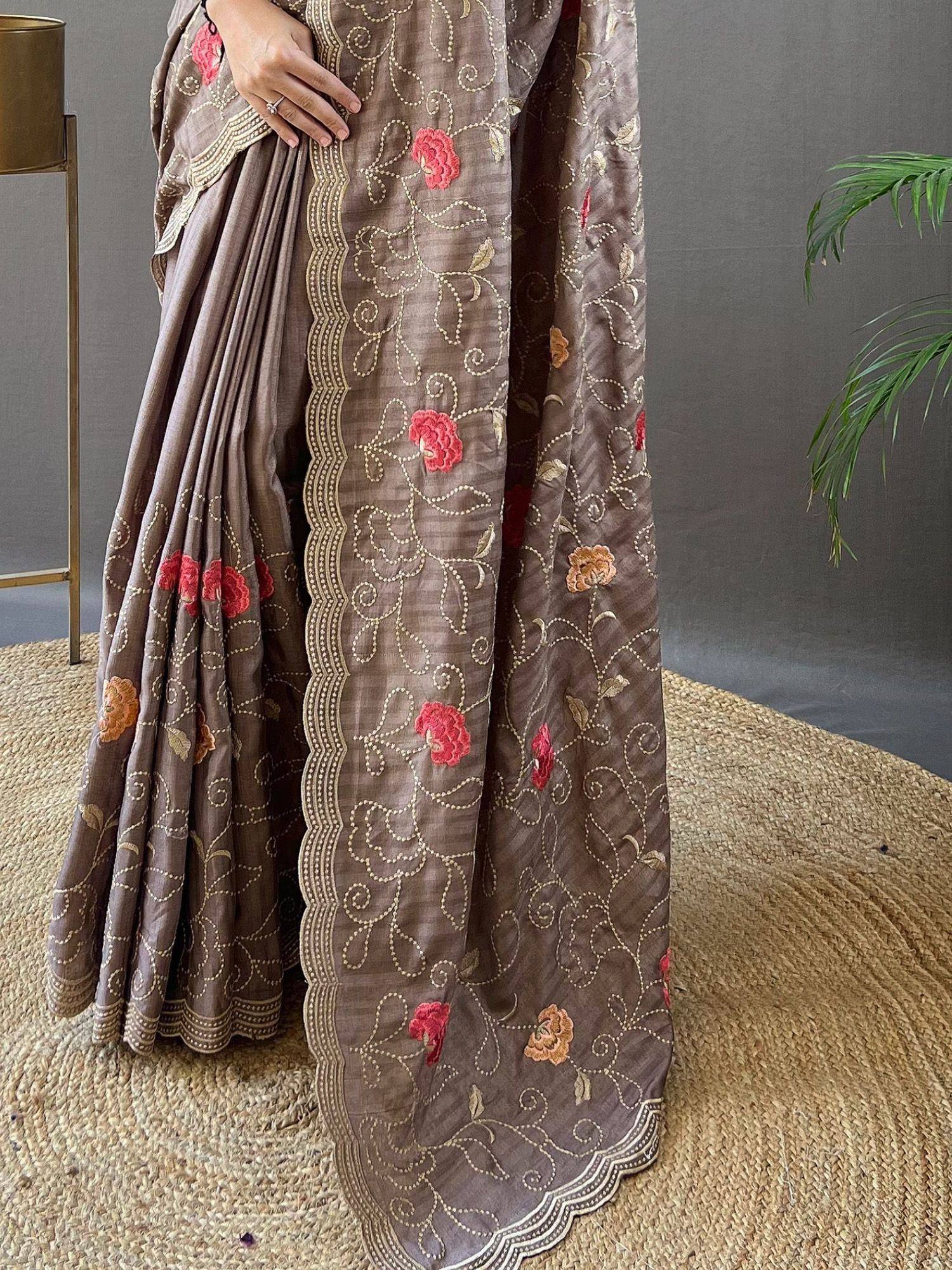 Brown saree with floral embroidery and scalloped border, Indian ethnic wear