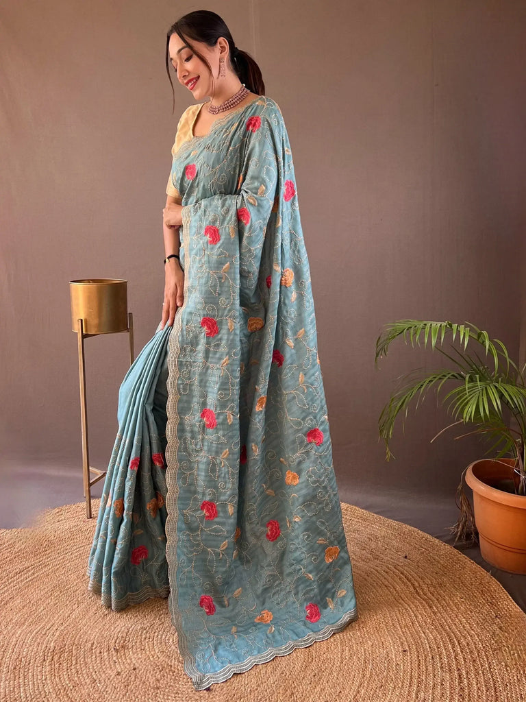 Incredible Sky-Blue Embroidered Tussar Silk Function Wear Saree