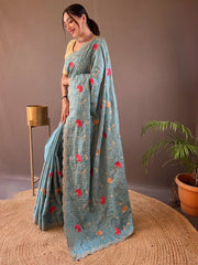 Incredible Sky-Blue Embroidered Tussar Silk Function Wear Saree