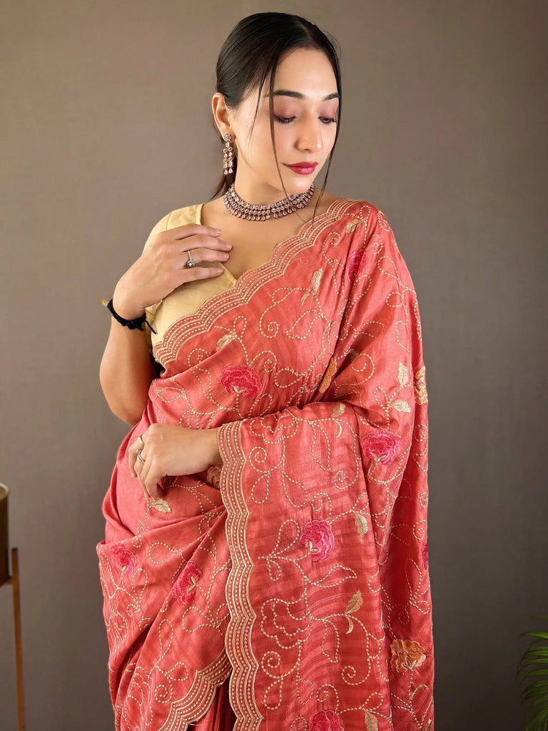 Astonishing Dark Peach Embroidered Tussar Silk Saree With Blouse