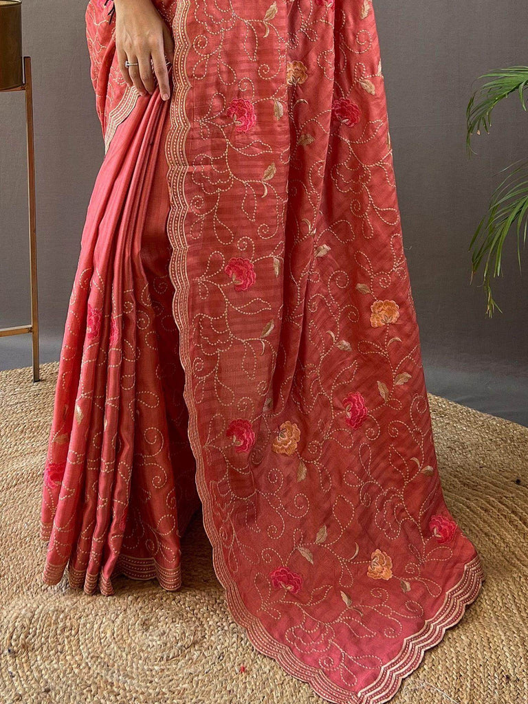 Astonishing Dark Peach Embroidered Tussar Silk Saree With Blouse