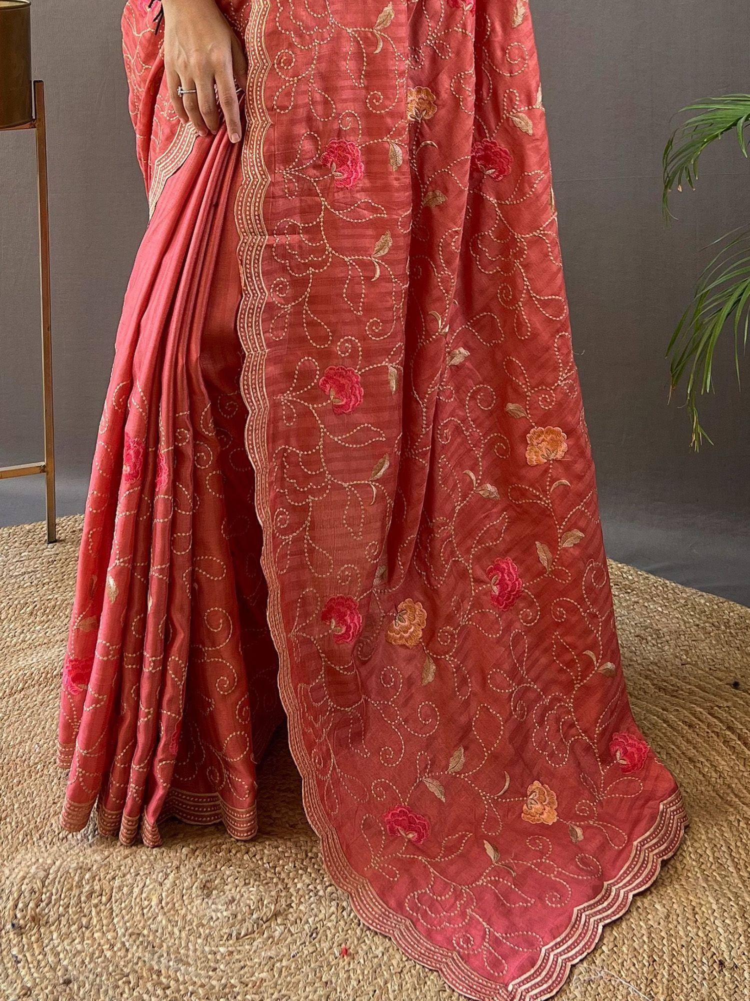 Red embroidered saree with floral motifs and scalloped border, Indian ethnic wear