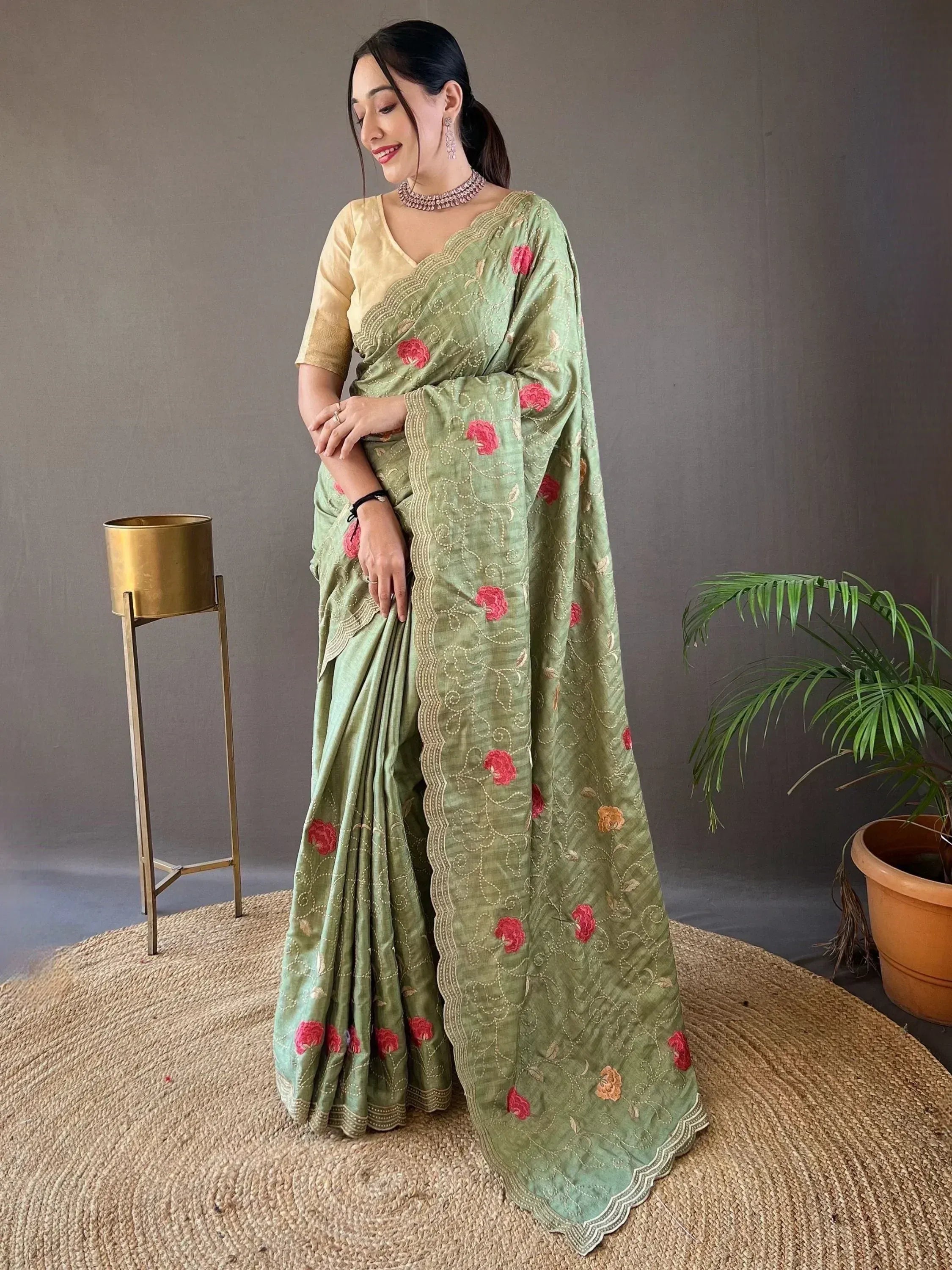 Green floral embroidered saree with gold blouse, Indian ethnic wear for women
