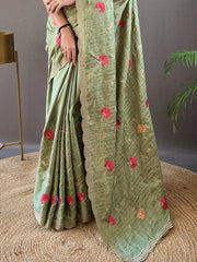 Beautiful Light Green Embroidered Tussar Silk Function Wear Saree