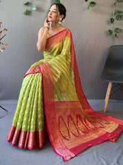 Alluring Light Green Zari Weaving Organza Func Wear Saree With Blouse