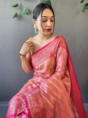 Captivating Baby Pink Zari Weaving Organza Sangeet Wear Saree