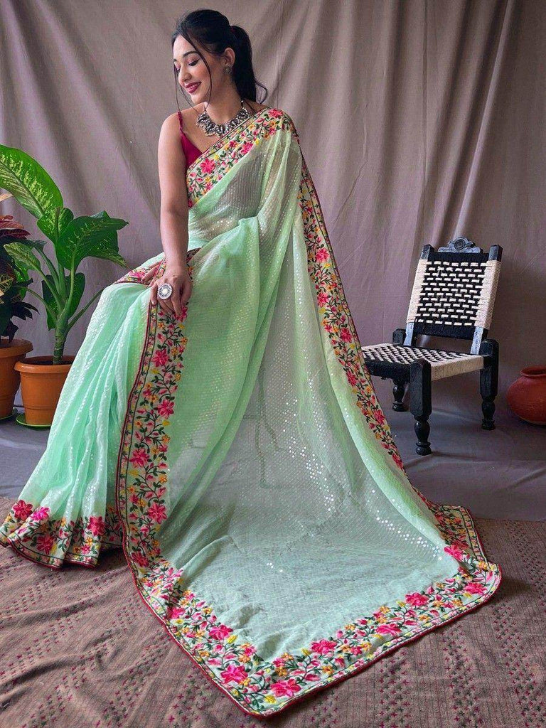 Stunning Pista Green Sequins Georgette Reception Wear Saree