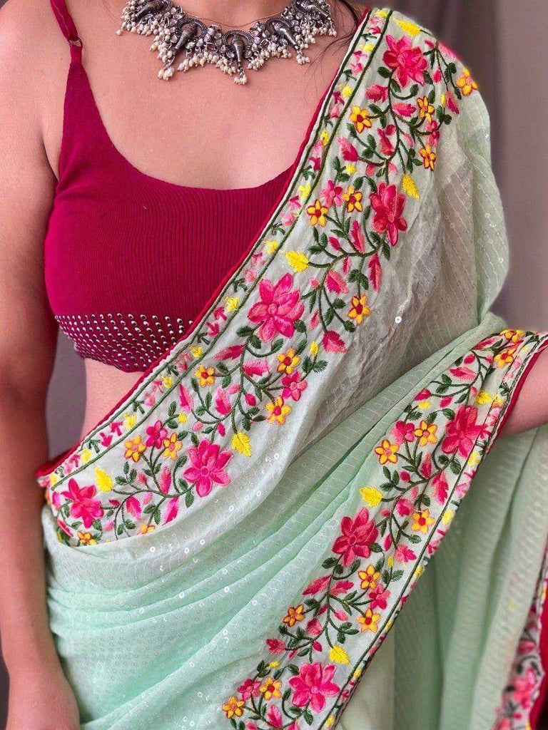 Stunning Pista Green Sequins Georgette Reception Wear Saree