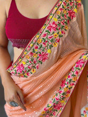 Gorgeous Peach Sequins Georgette Festival Wear Saree With Blouse