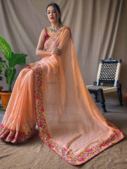Gorgeous Peach Sequins Georgette Festival Wear Saree With Blouse
