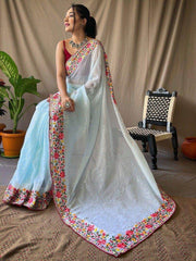 Ravishing Sky-Blue Sequins Georgette Party Wear Saree With Blouse
