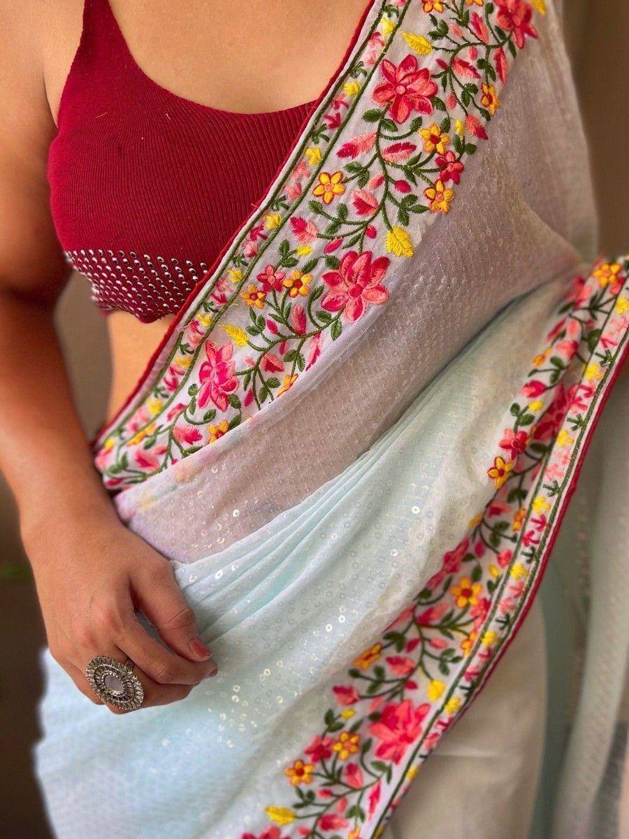 Floral embroidered saree with sequin blouse, perfect for Indian ethnic wear
